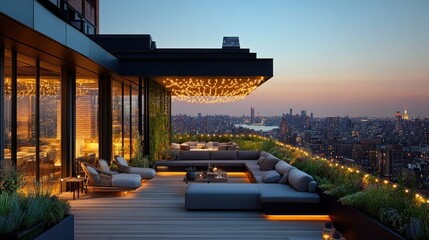 Obraz premium Modern rooftop lounge overlooking city