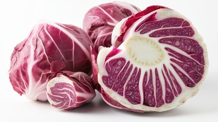 Obraz premium Radishes are known for their nutrient density and distinctive flavors. This image showcases a bunch of radishes that have been cut into rounds, revealing the vibrant purple interior.