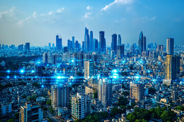 Obraz premium Smart city with digital network connection and data transfer technology concept