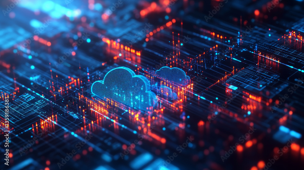 Poster cyber network 3d illustration. cloud technology. blockchain and database security. polygonal grid an