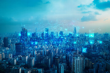 Obraz premium Smart city with digital network connection and data transfer technology concept