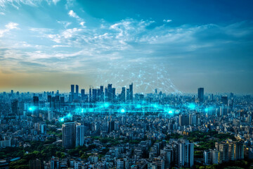 Obraz premium Smart city with digital network connection and data transfer technology concept