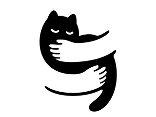 Black cat silhouette curled up in human arms, looking relaxed and cozy, embodying comfort and affection, with closed eyes in a peaceful embrace, the bond between pet and owner.