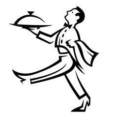 Silhouette of a waiter in a classic bowtie, uniform, carrying a covered tray in one hand, napkin in the other, stepping forward with one leg raised, professionalism in a restaurant service environment