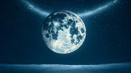 A celestial body illuminates a tranquil night scene with stars and a serene body of water in the foreground