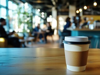 The image features a cup of espresso coffee with latte art, sitting on a wooden table in a modern cafe. The setting includes contemporary design elements and ambient lighting, suggesting an inviting