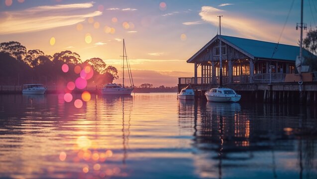 Boats docked at a waterfront building during sunset with colorful reflections in the water at a serene location