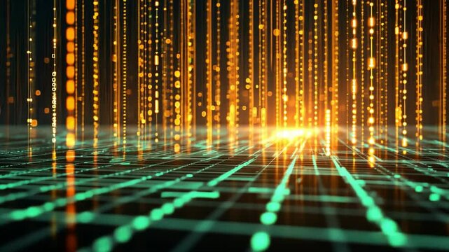 Futuristic digital landscape with glowing lines and binary code, showcasing vibrant technology and innovation in mesmerizing grid.