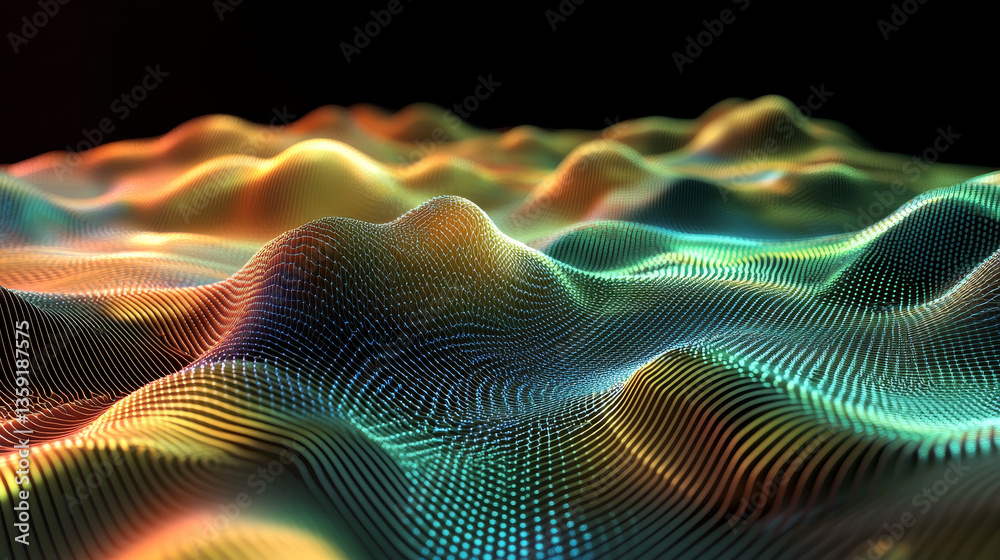 Poster cyber data stream. digital neural networks. 3d illustration of a wavy open source surface