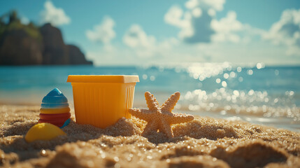 A father and son playing on the beach in summer, framing the fun time, soft natural light