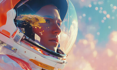 close up female astronaut stands on surface of mars with reflection of  red planet in helmet. Space explorer on a mission, sci-fi illustration concept for exploration.