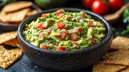 Delicious Homemade Guacamole Dip with Tomato and Chips
