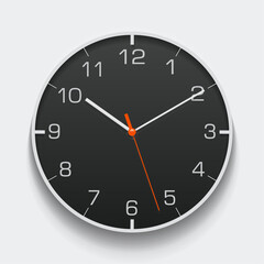Simple dark clock in realistic flat style, with arrow and  numbers. Time on gray background. Business watch. Vector design element for you project
