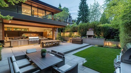 Sleek house terrace lush greenery modern chairs BBQ grill ready vibrant outdoor setting perfect for gatherings.  