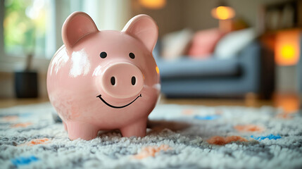 Happy Piggy Bank on Cozy Rug in Living Room Home Savings Concept