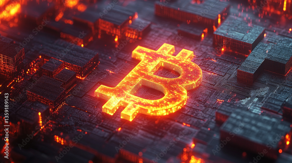 Poster bitcoin 3d illustration. futuristic concept of mining cryptocurrency. blockchain. bitcoin symbol con