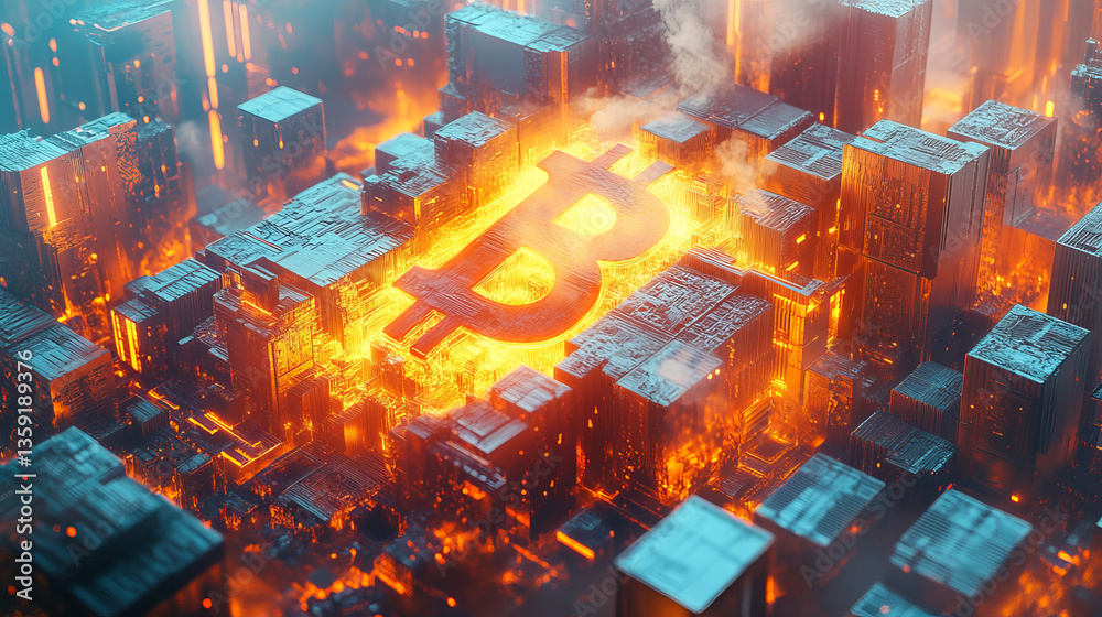 Poster bitcoin 3d illustration. futuristic concept of mining cryptocurrency. blockchain. bitcoin symbol con