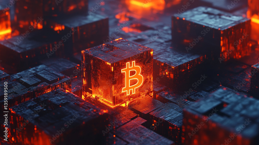 Poster bitcoin 3d illustration. futuristic concept of mining cryptocurrency. blockchain. bitcoin symbol con