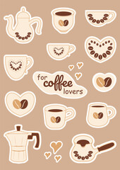 Stickers collection for coffee lovers. Kitchenware, accessories. Vector illustration.