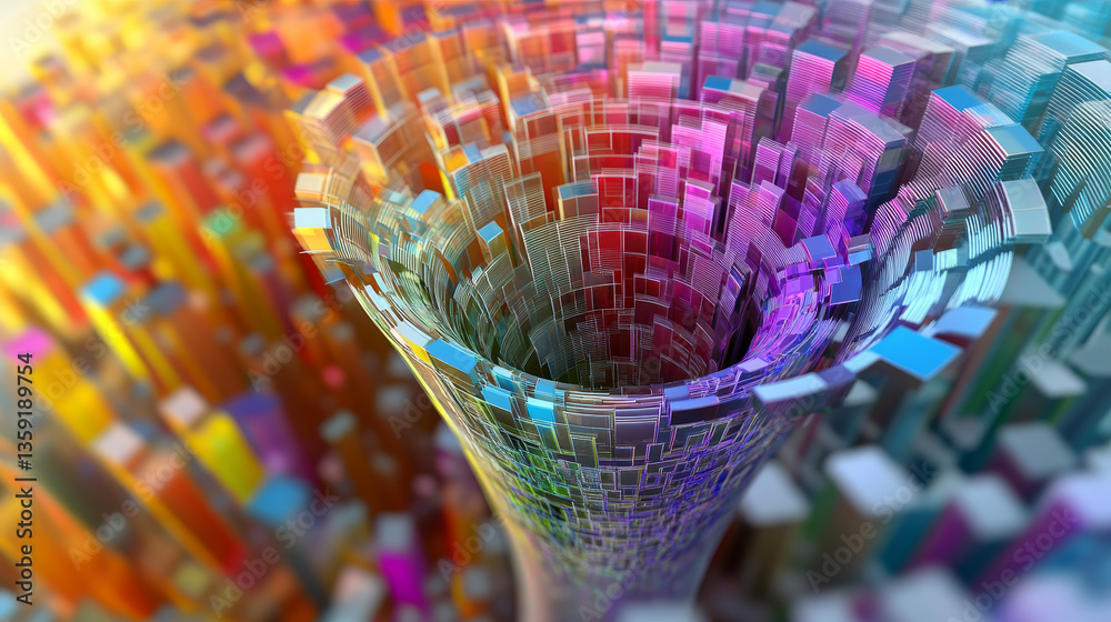Poster digital field and dot structure 3d illustration. coded funnel of clusters. sorting data. big data an