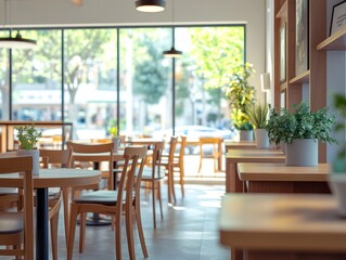 Obraz premium Modern cafe interior with city view