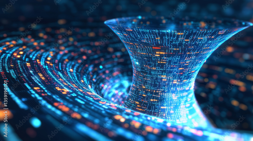 Poster digital field and dot structure 3d illustration. coded funnel of clusters. sorting data. big data an