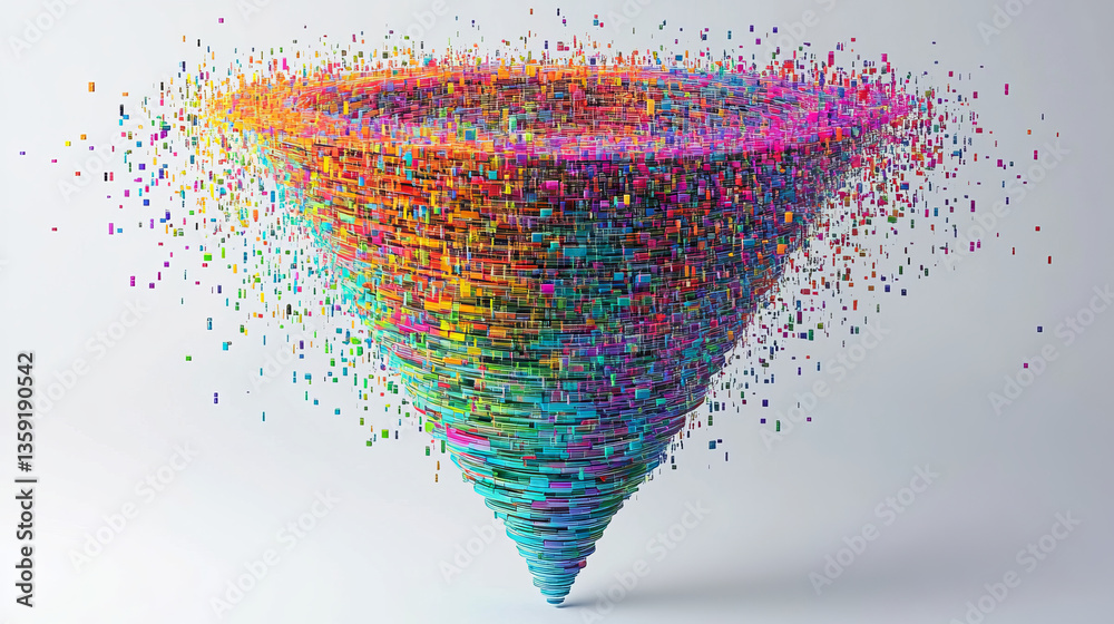 Poster digital field and dot structure 3d illustration. coded funnel of clusters. sorting data. big data an