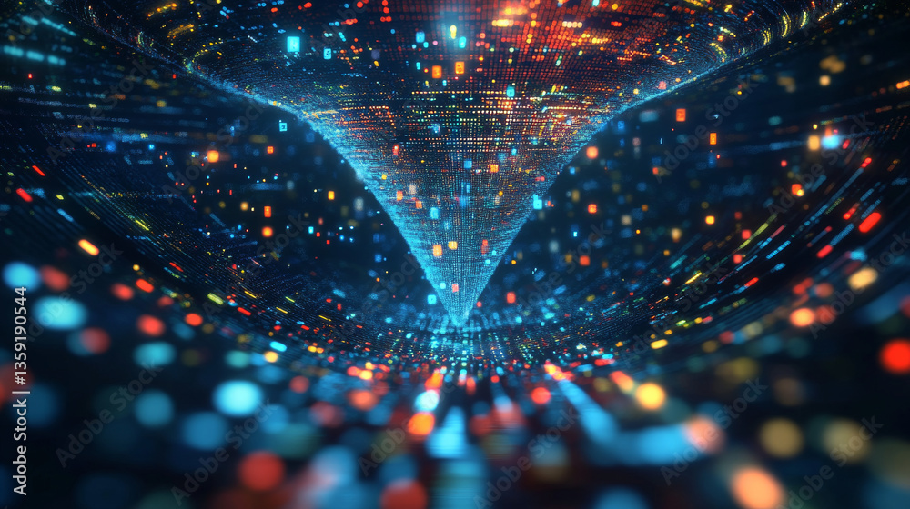 Poster digital field and dot structure 3d illustration. coded funnel of clusters. sorting data. big data an