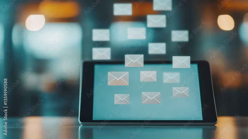 Poster digital tablet with floating email icons illustrating concept of communication and technology in mod