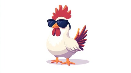 Fototapeta premium Cartoon rooster with sunglasses, isolated on white. Possible use social media, children's book illustration