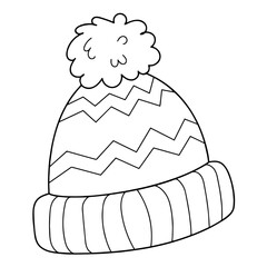 Warm winter hat with pom-pom on top, zigzag pattern and folded cuff with vertical stripes, cold weather comfort, warmth and seasonal clothing

