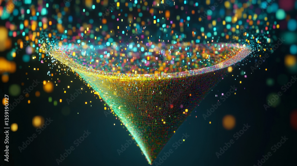 Poster digital field and dot structure 3d illustration. coded funnel of clusters. sorting data. big data an