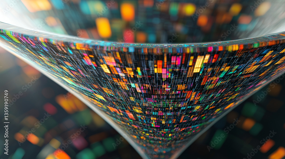 Poster digital field and dot structure 3d illustration. coded funnel of clusters. sorting data. big data an