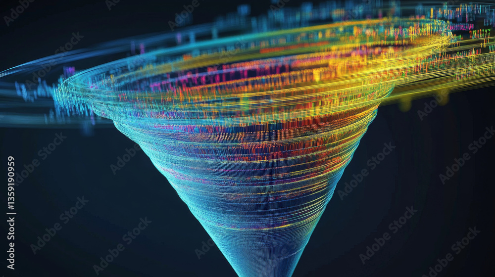 Poster digital field and dot structure 3d illustration. coded funnel of clusters. sorting data. big data an