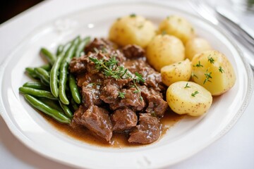 A hearty beef stew served with green beans and carrots, garnished with herbs for a wholesome meal.