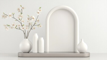 Elegant composition featuring white flowers vases and arched display shelf