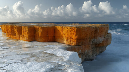 A coastal scene featuring a cliff formation with orange rock layers white stone base gentle waves and cloudy sky