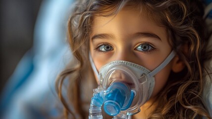 Child in hospital. Child is sick. A little girl breathes through an oxygen mask. The child breathes through a nebulizer. Health concept.