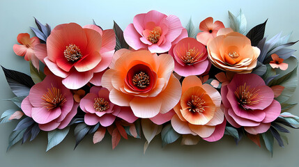 A collection of  pink orange and red flowers that have gray-green leaves are arranged together creating a delicate co