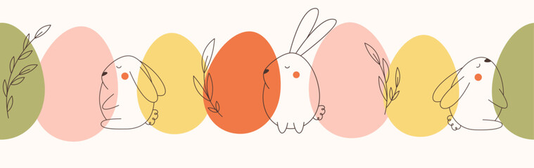 Happy Easter modern and colorful seamless pattern. Vector design with Easter eggs, bunnies, leaves for banner, card or flyer.
