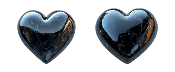 Two black hearts cracked glossy surface dark background
