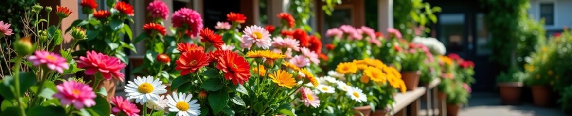 A variety of blooming plants displayed outside a nursery for sale in spring,  retail,  display