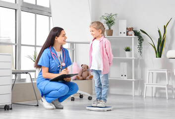 Fototapeta premium Female pediatrician with little girl measuring weight in clinic