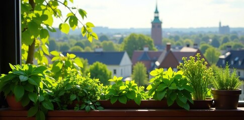 A variety of lush herbs and plants basking in the sunlight on a balcony overlooking Stockholm, Sweden,  sunshine,  relaxation