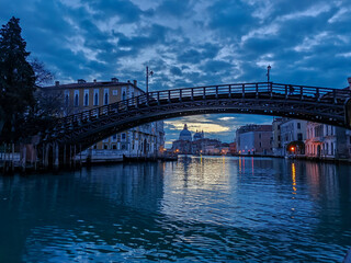 Iconic sunrise view on Ponte dell'Accademia and Basilica di Santa Maria della Salute