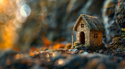 A small house made of cork with a matchstick standing in the doorway is set against a rugged brick wall. HD 8K wallpaper Photographic Image