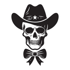 Silhouette Cowboy Skull with Hat and Bow Tie Vector Illustration
