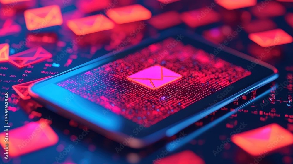 Poster modern digital communication concept with smartphone displaying email icon over vibrant glowing bina