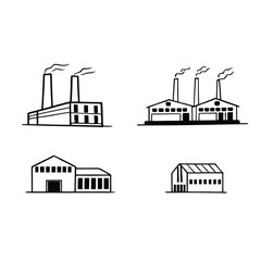 Factory and industrial building icons set in black silhouette design