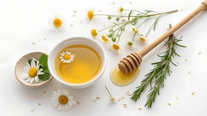 Tasty natural honey, glass jar, dipper and green leaves on white background, top view